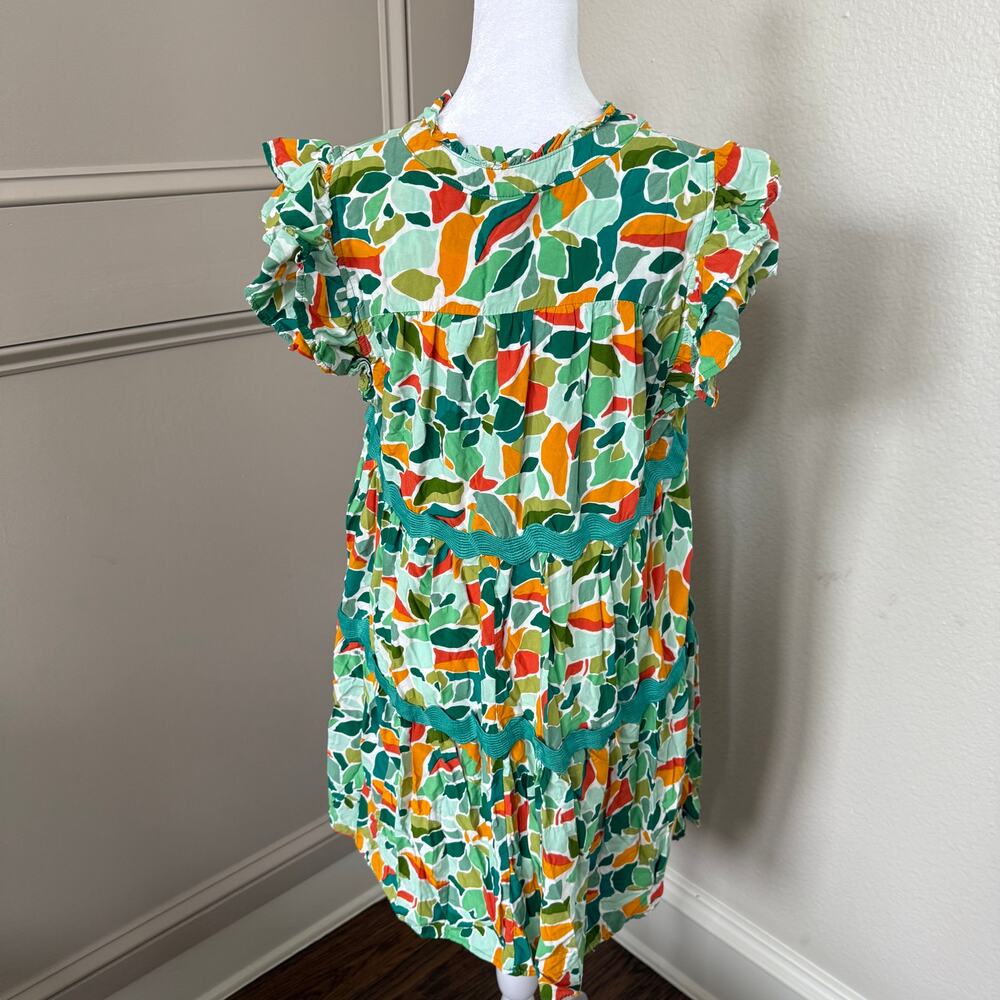 Umgee S Green Abstract Print Tiered Split Ruffle Neck Dress Ric Rac Trim Boho - Picture 4 of 6